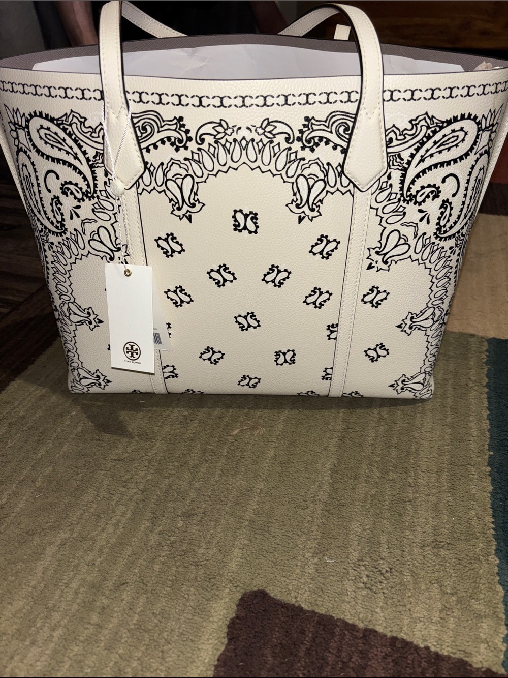 Tory Burch White Leather Bandana-Print Tote with Black Accents